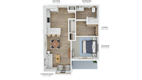Floor plan for 1 bed, 1 bath, 742 sqft
